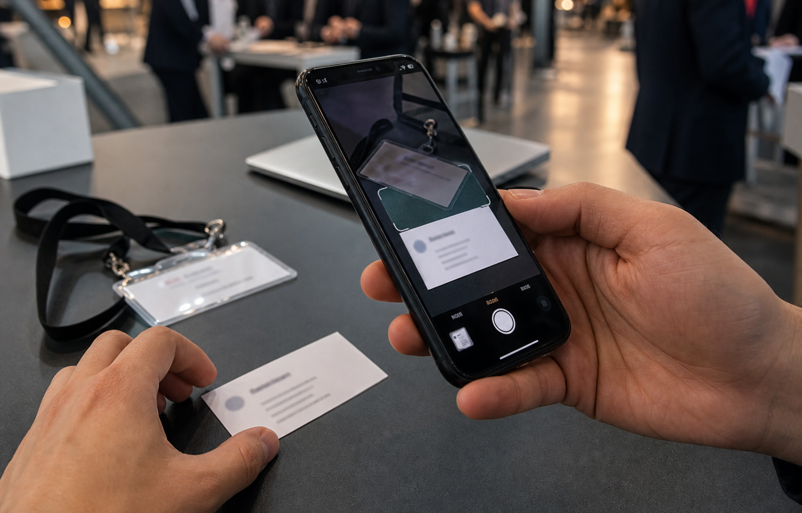 Smartphone che scansiona un biglietto da visita cartaceo durante un evento.