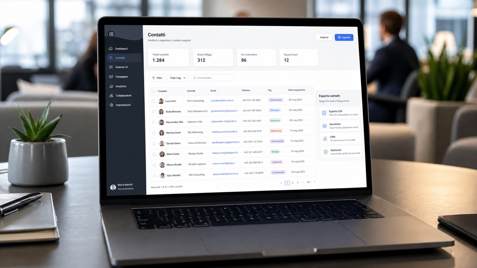 Dashboard con contatti pronti per export